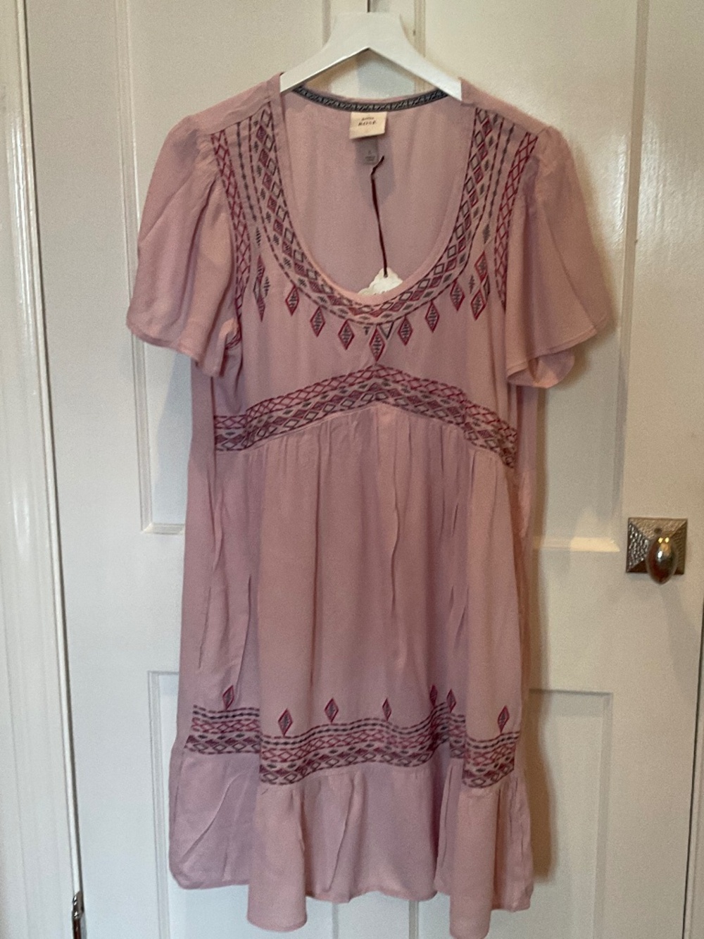 Short sleeve lilac pink embroidered dress or cover up, short by Knox Rose, L